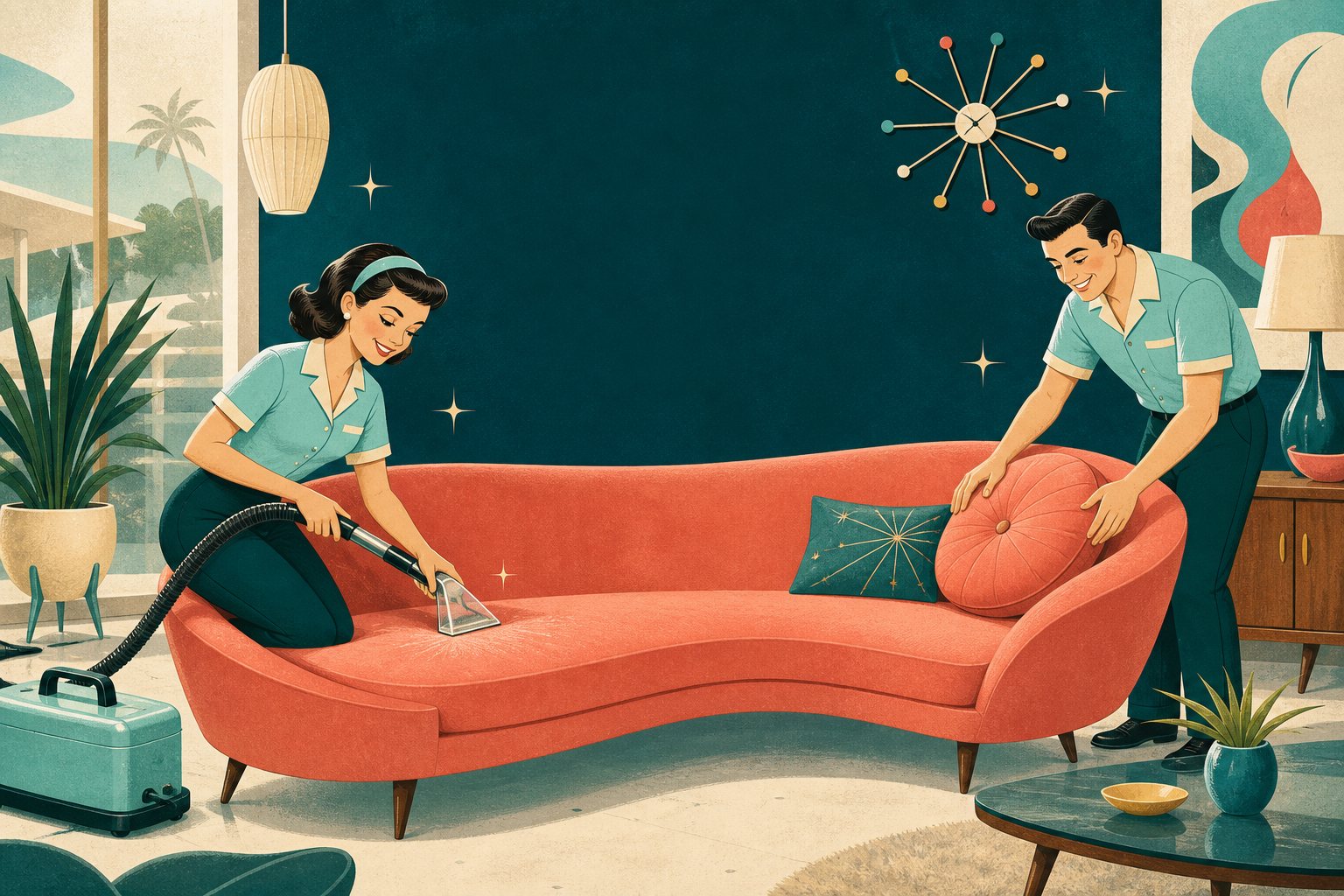 Illustration im Stil der Fünfzigerjahre: Zwei Melt-Techniker reinigen ein langes korallenrotes Sofa in einem Wohnzimmer mit petrolfarbener Wand und einer Wanduhr im Strahlenkranz-Design.