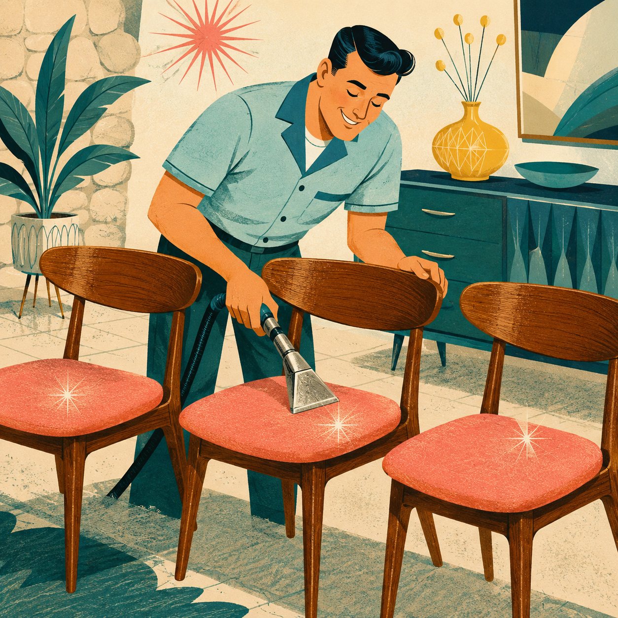 Illustration eines Melt-Technikers, der die korallenroten Sitzpolster von drei Esszimmerstühlen aus Teak reinigt.