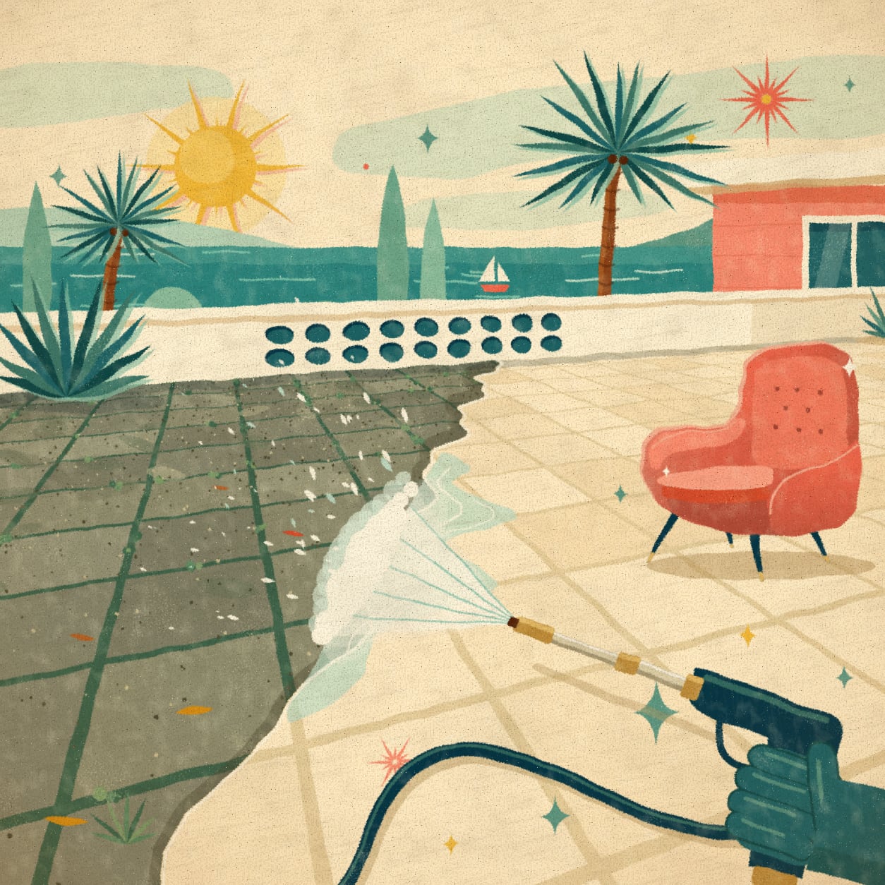 Illustration einer sonnigen Terrasse bei der Hochdruckreinigung: Ein Sprühfächer wandert an der Linie zwischen dunklem, bemoostem Pflaster und sauberem hellem Stein entlang.