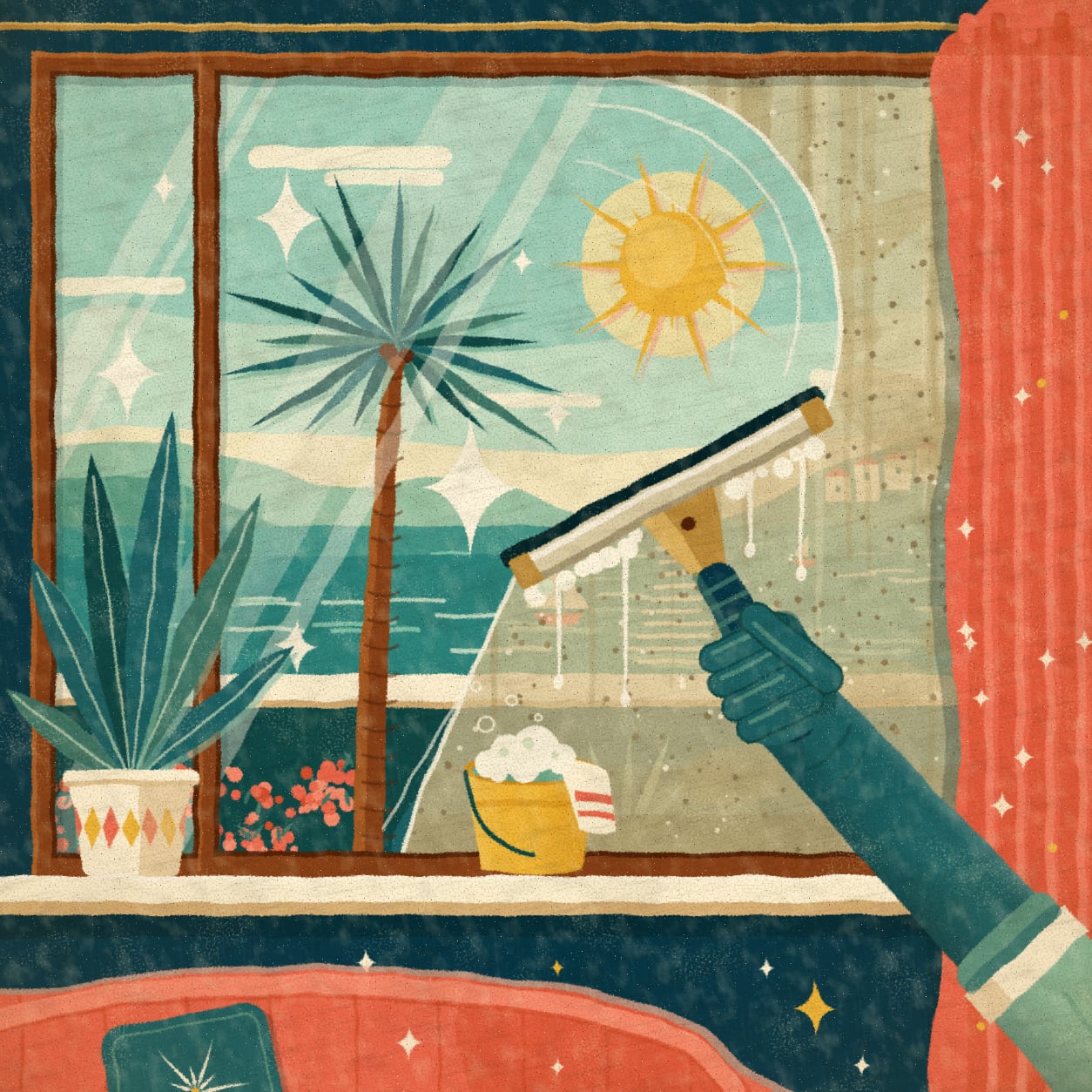 Ilustración de una mano con guante que pasa una rasqueta por un gran ventanal: un lado empañado de polvo y el otro limpio, con una palmera, el mar y el sol al fondo.