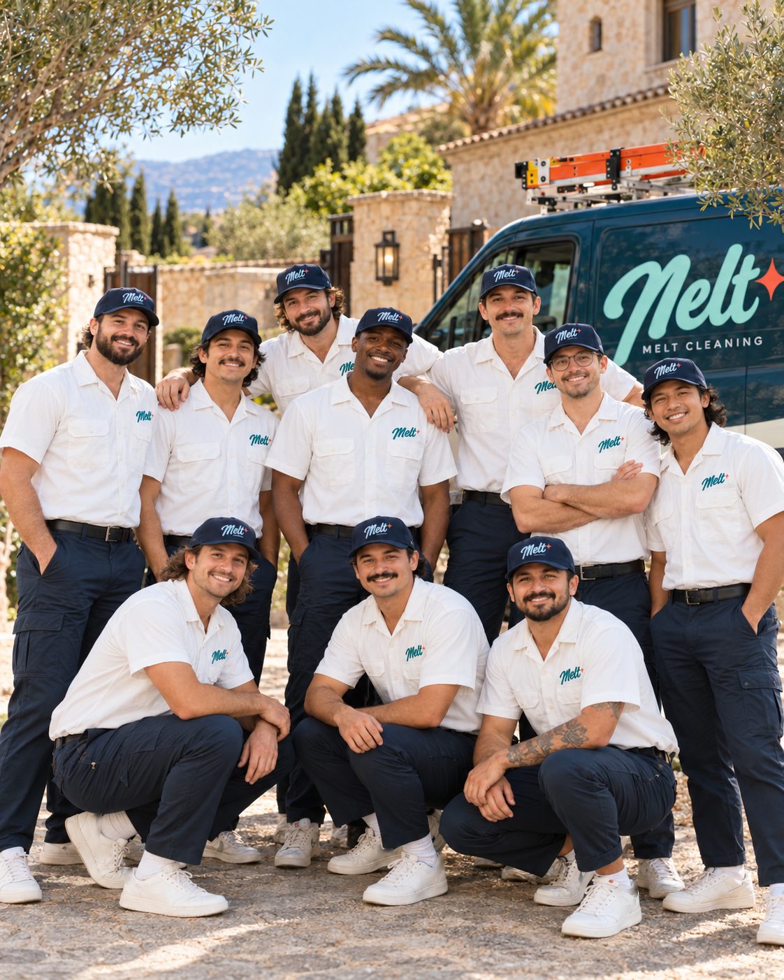 Deu persones amb camisa blanca i gorra blau marí posen en dues files, unes dretes i unes altres ajupides, davant d’una casa de pedra i d’una furgoneta blau petroli fosc retolada amb «Melt Cleaning», amb una escala al sostre.