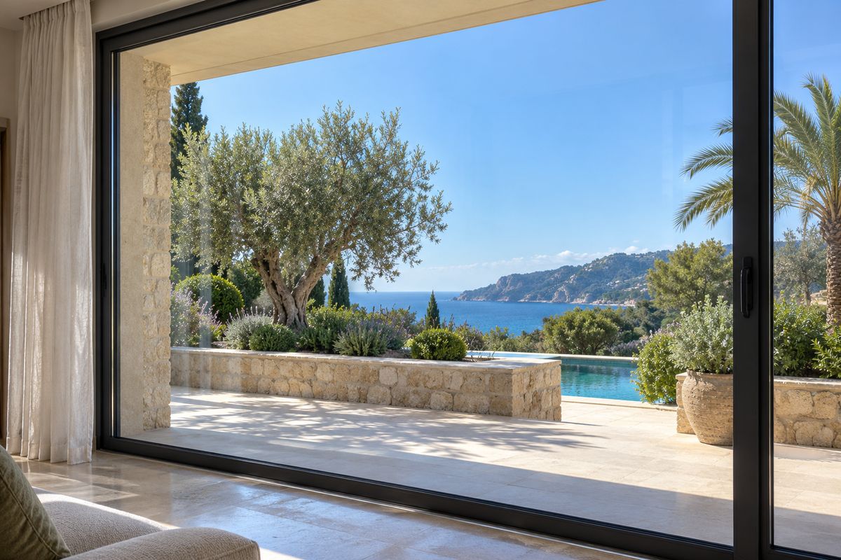 Las puertas de cristal de suelo a techo de un salón dan a una terraza de piedra, un olivo, una piscina y el mar.